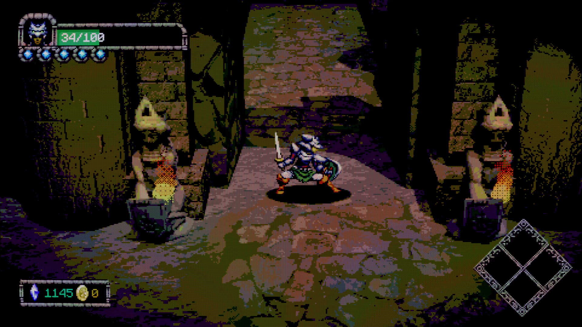 Dungeon Lurker screenshot showing knight protagonist between two Sphinx statues
