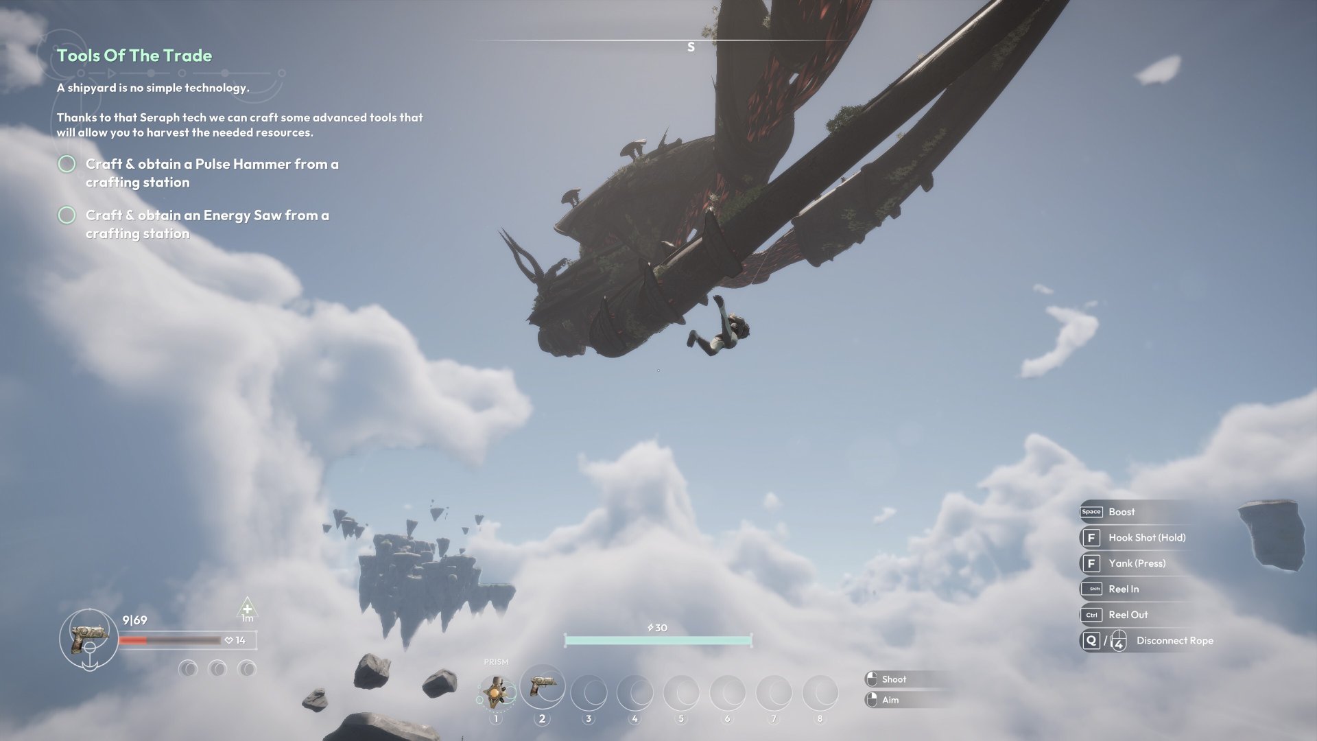 Lost Skies screenshot of the player-character gliding through the sky towards a flying whale