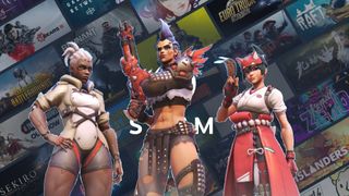 Sojurn, Junker Queen und Kiriko aus Overwatch 2 über dem Steam-Logo.