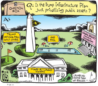 Political Cartoon U.S. Trump infrastructure spending mar-a-lago golf