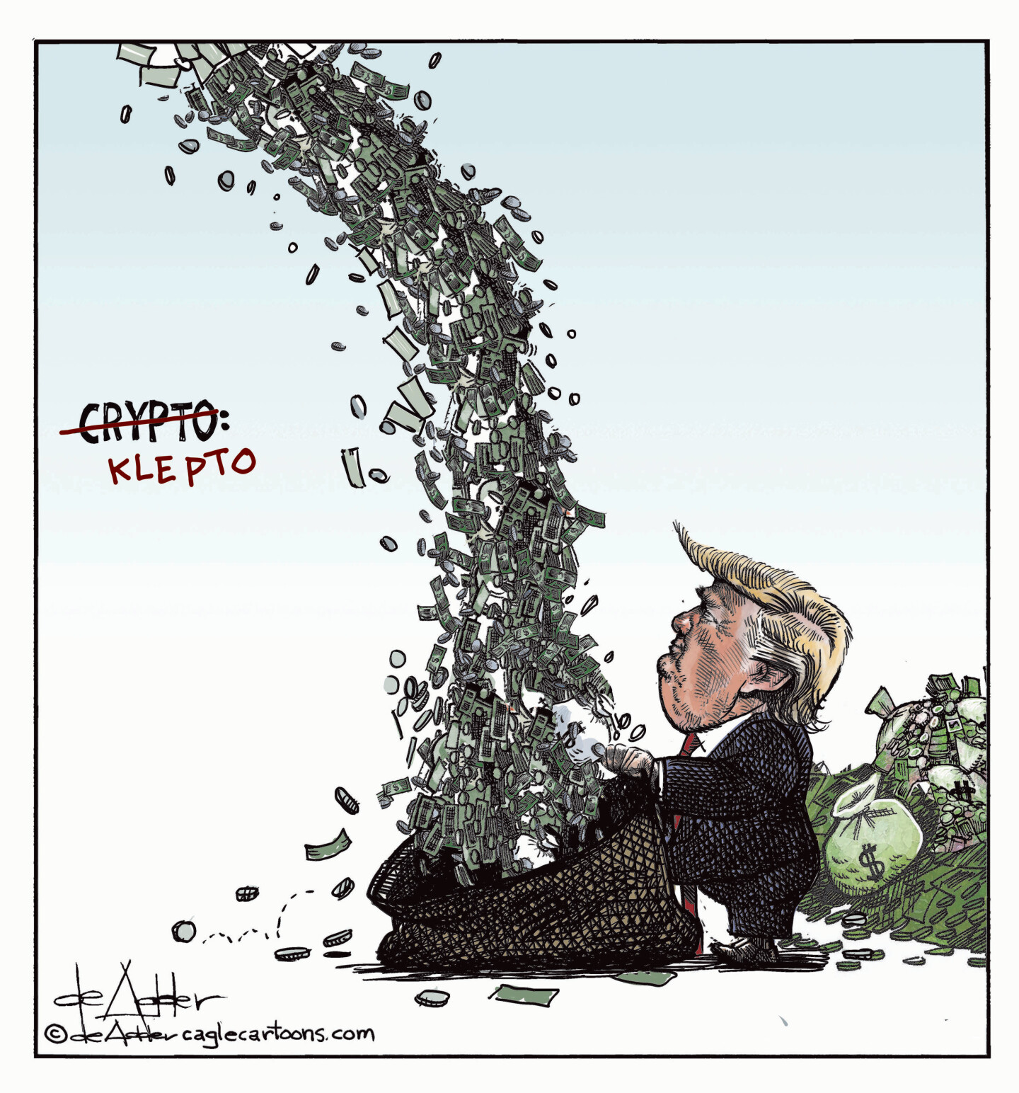Donald Trump holds open a bag as cash falls from the sky and fills the bag. The word "Crypto" is crossed out and replaced with "Klepto".