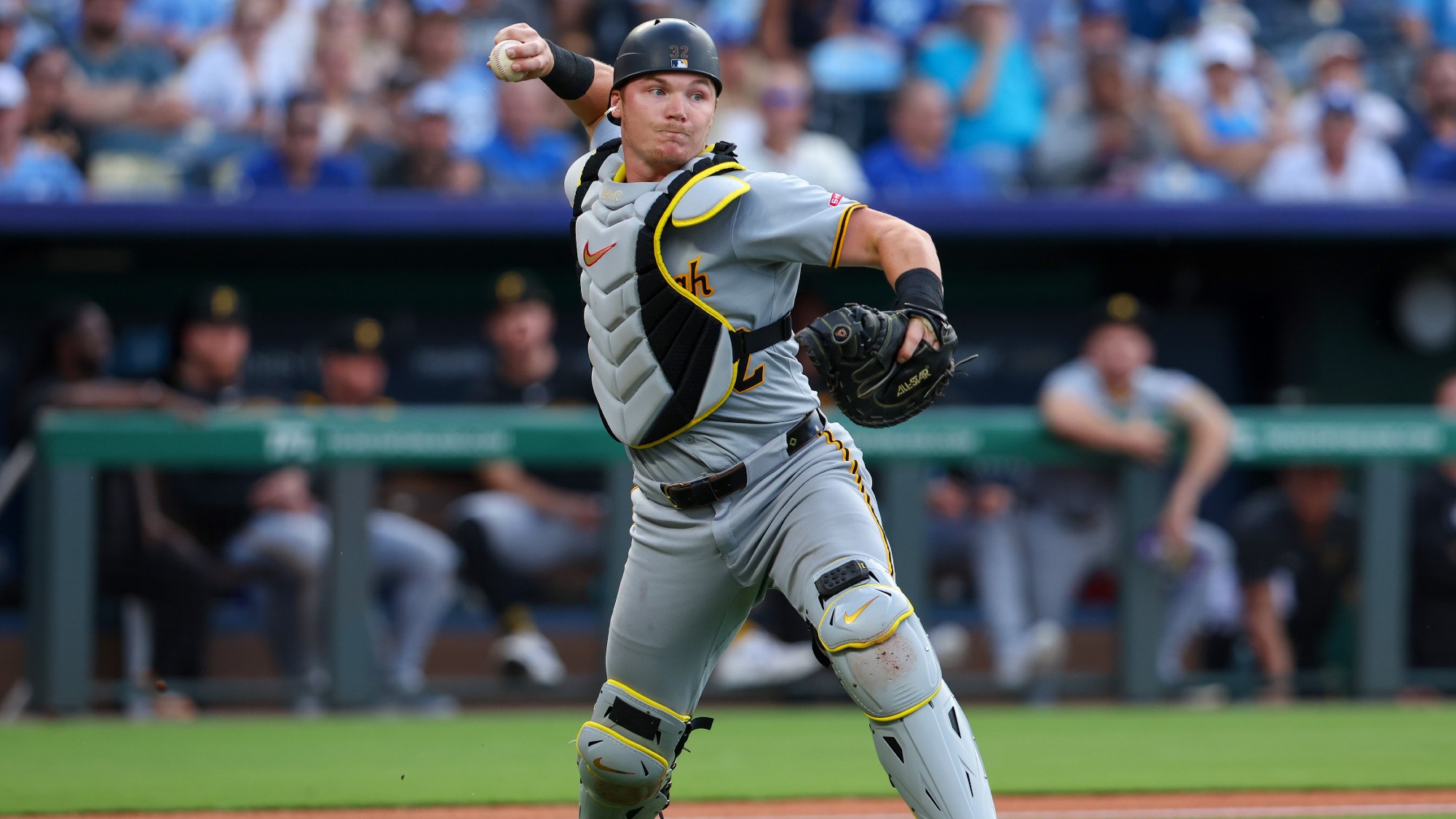 Henry Davis #32 of the Pittsburgh Pirates throws the ball to first base during the game between the Pittsburgh Pirates and the Kansas City Royals at Kauffman Stadium on Monday, July 7, 2025 in Kansas City, Missouri