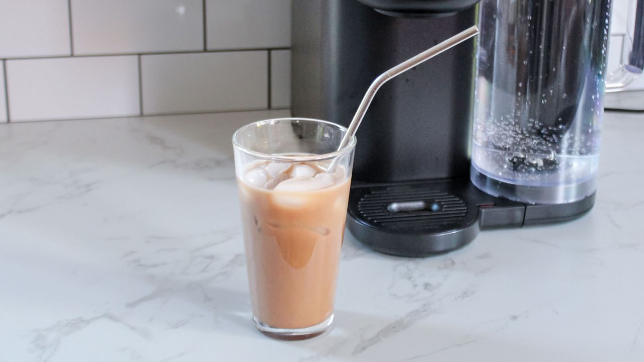Keurig K-Brew+Chill next to an iced coffee