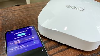 eero Pro 6E and the eero app showing an eero Internet Backup connection