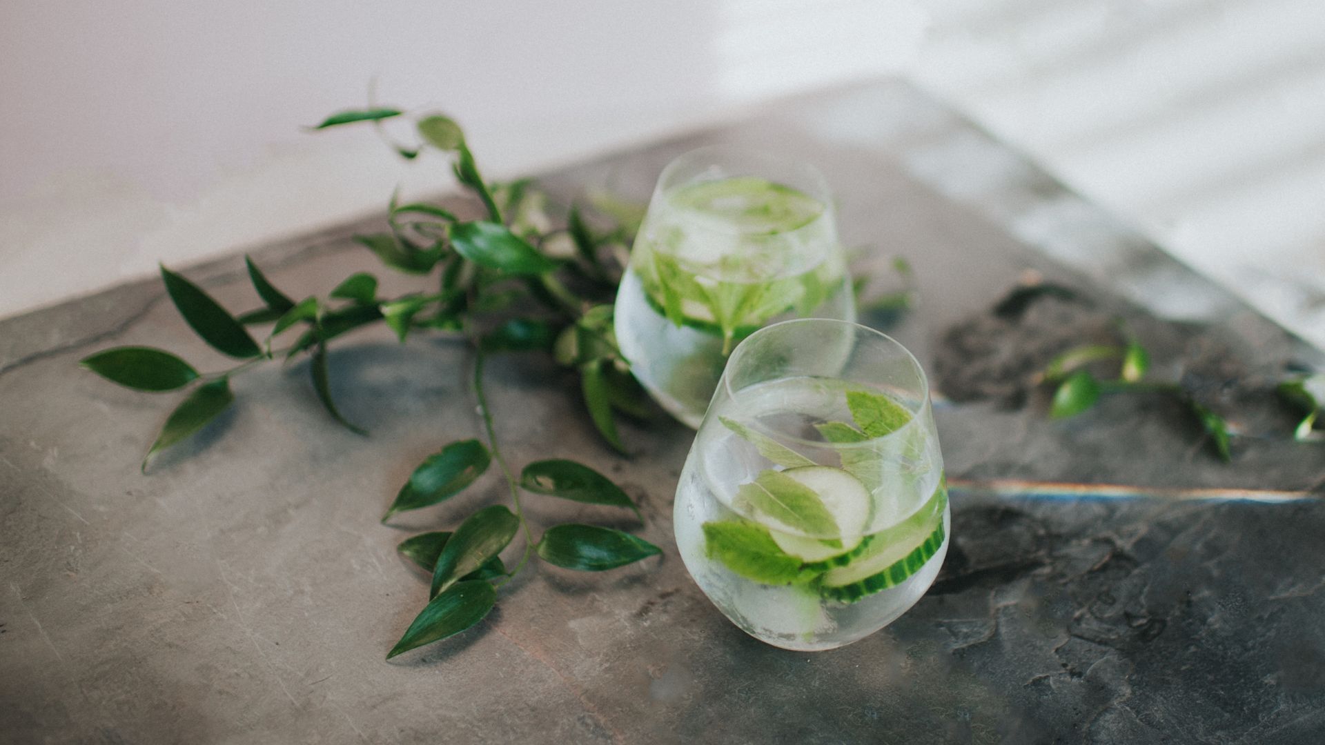 Two glasses of gin and tonic or similar non-alchoholic drinks sitting on concrete worktop