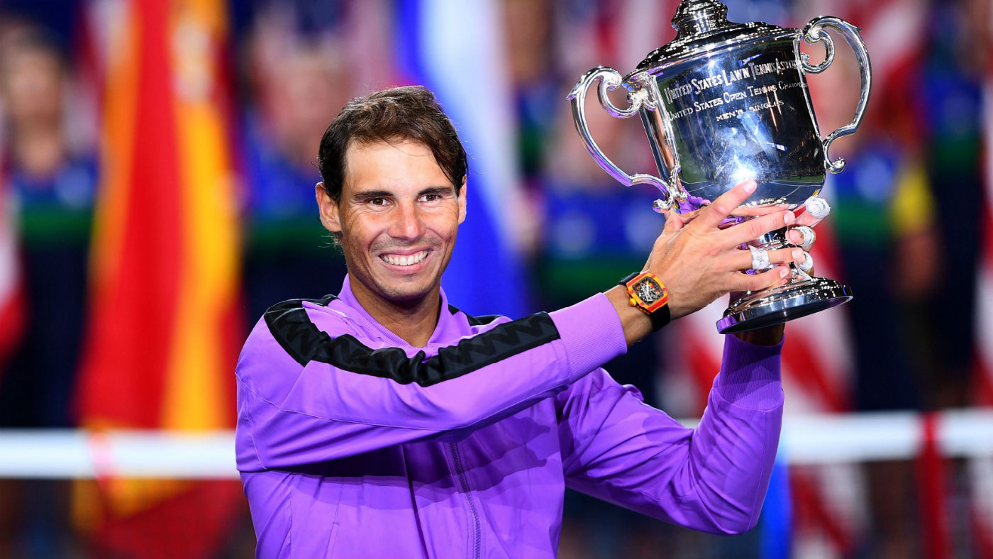 Rafael Nadal holds the trophy after his win over Daniil Medvedev in the 2019 US Open final 