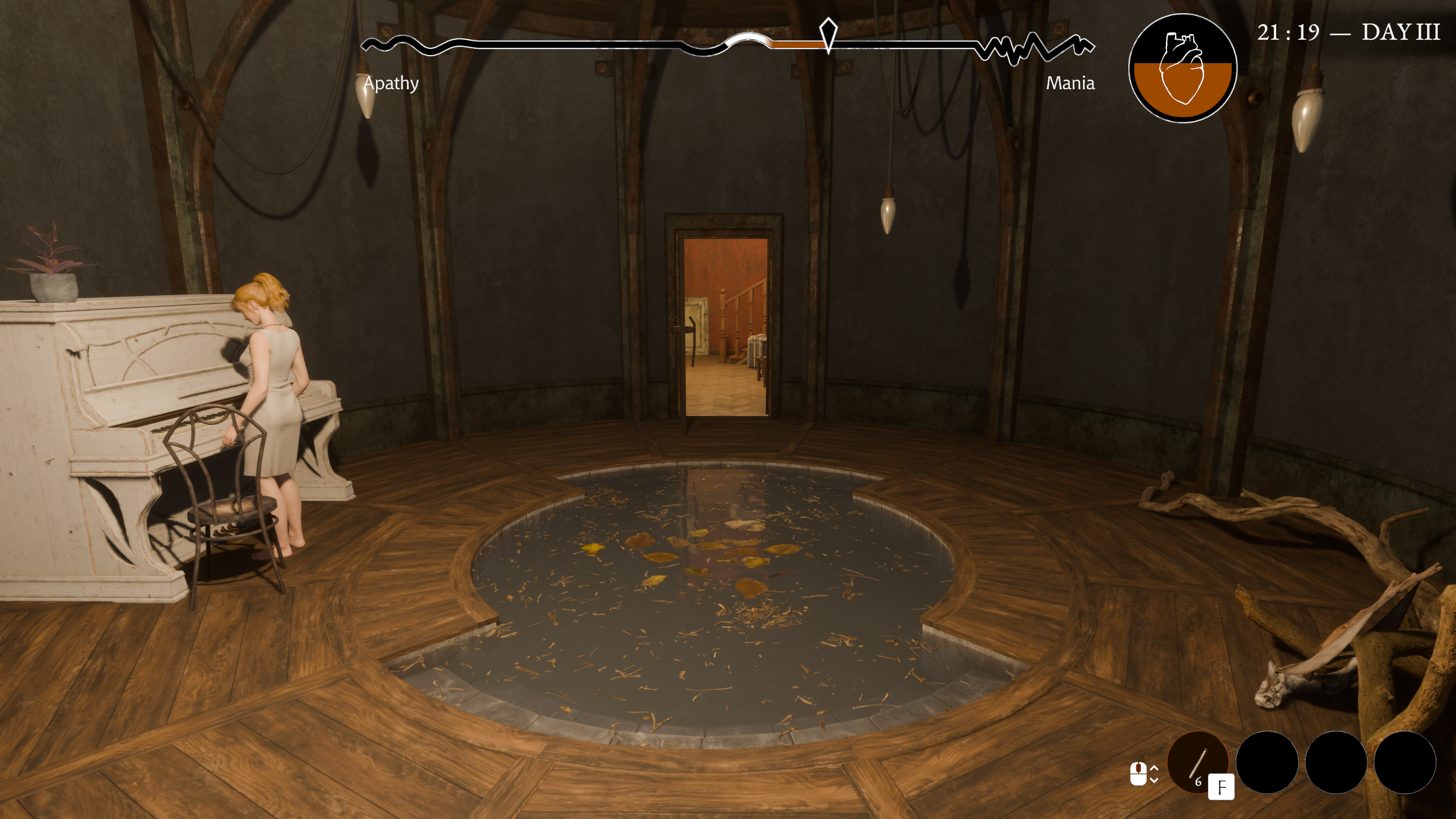 لقطة شاشة من Pathologic 3: مشهد يصور غرفة مستديرة بها بركة مياه في المنتصف، مع امرأة تقف أمام بيانو أبيض على اليسار