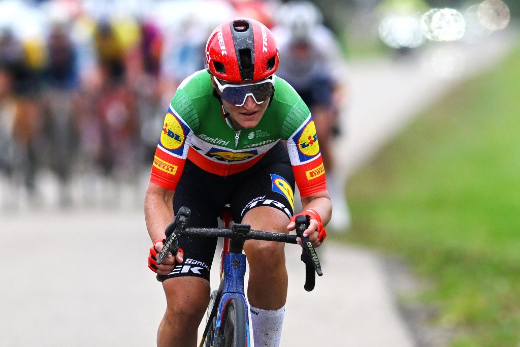 ZEEWOLDE NETHERLANDS OCTOBER 10 Elisa Longo Borghini of Italy and Team Lidl Trek attacks in the breakaway during the 26th Simac Ladies Tour 2024 Stage 3 a 1484km stage from Zeewolde to Zeewolde UCIWWT on October 10 2024 in Zeewolde Netherlands Photo by Luc ClaessenGetty Images