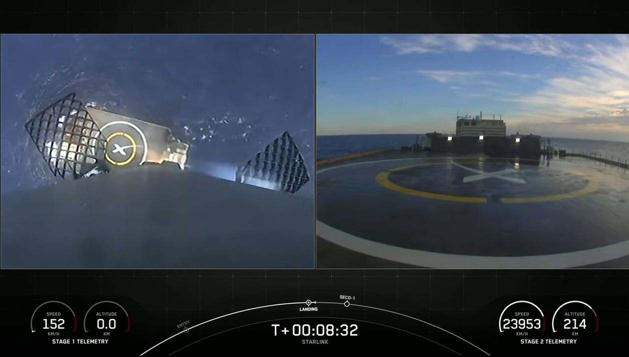 This view from SpaceX's Falcon 9 rocket booster (left) shows is landing drone ship Just Read The Instructions just before landing in the Atlantic Ocean on Nov. 13, 2021. At right, a view from the deck of the landing ship.