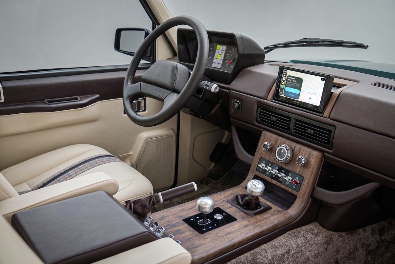 Dashboard details of a Lunaz bespoke Range Rover Classic