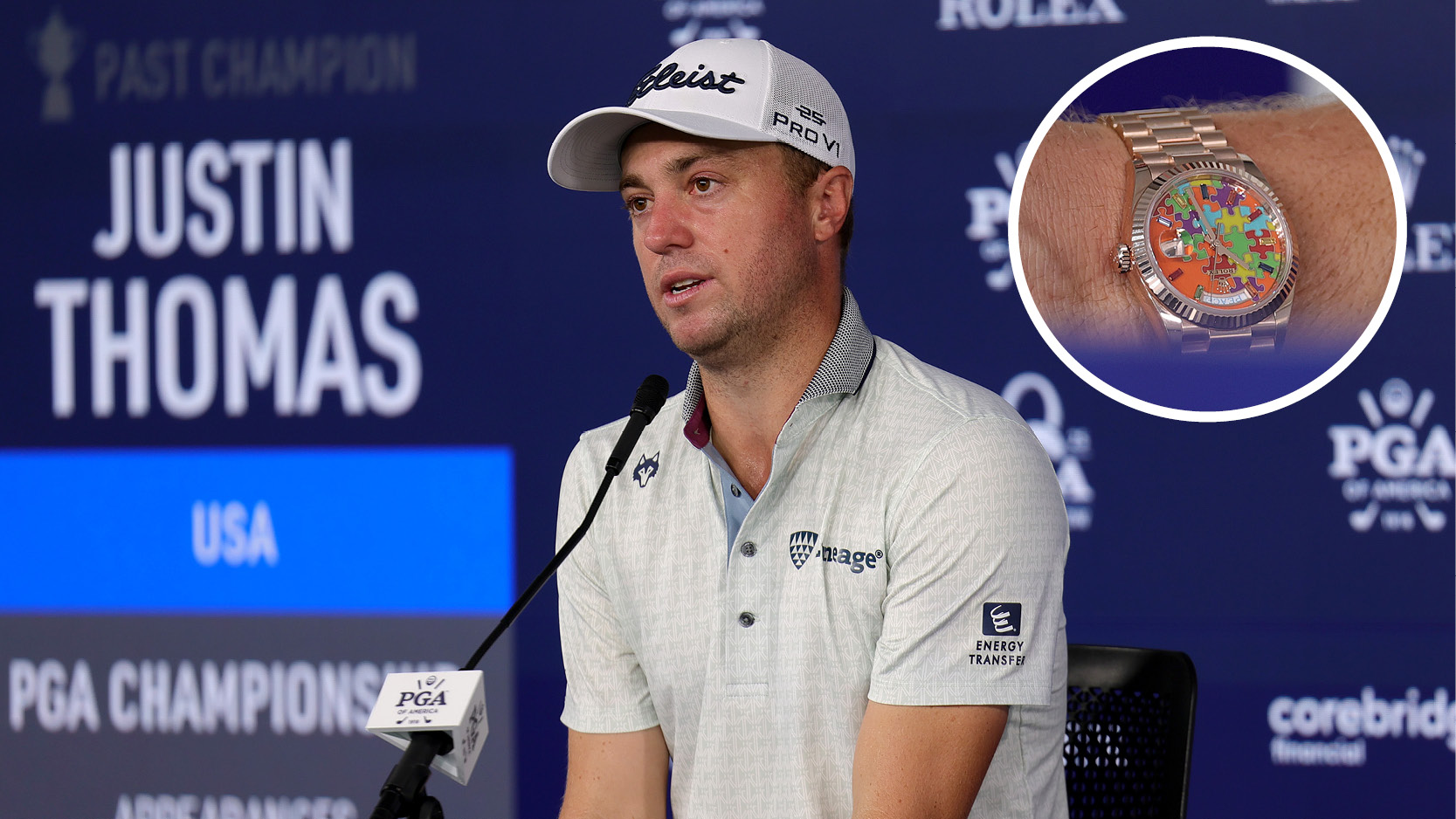 Justin Thomas speaks to media, with a close up of his watch