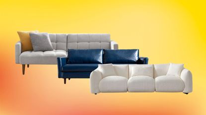 a collage of couches on a colorful background
