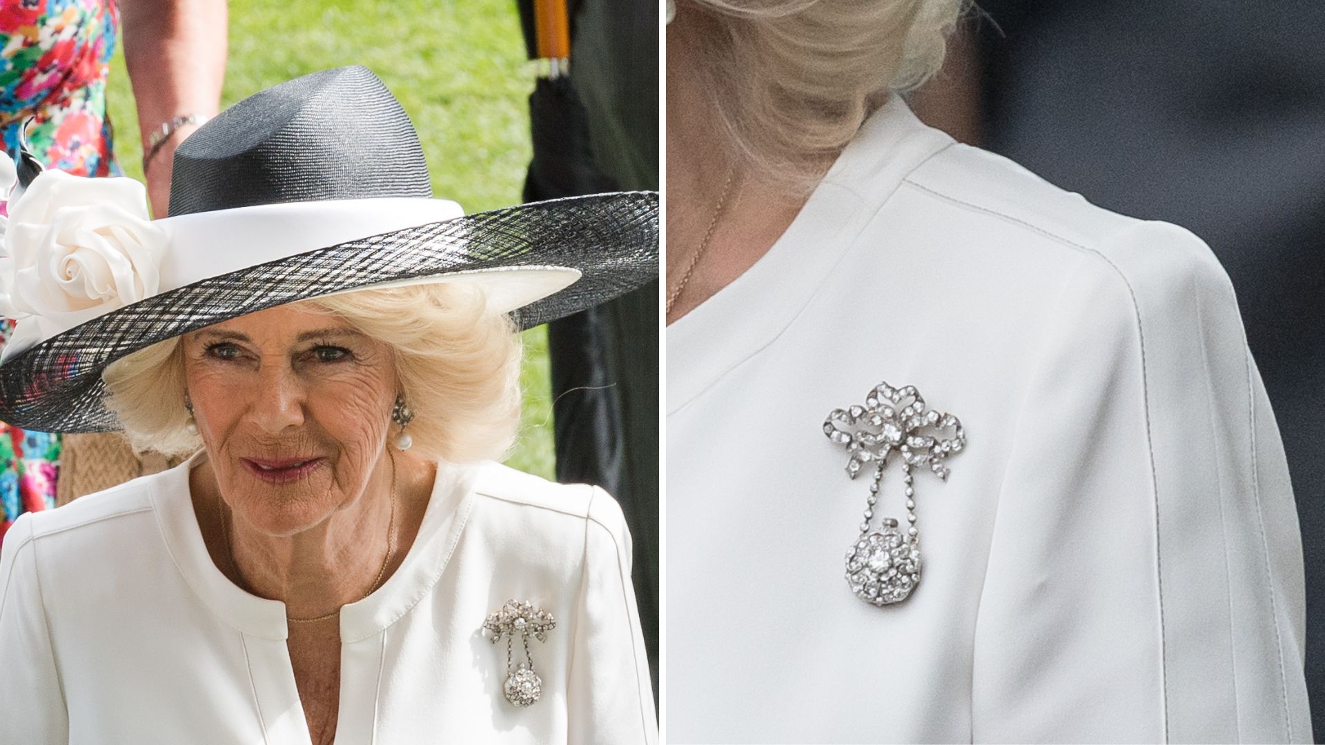 Queen Camilla at Royal Ascot, and a close up of the Rothschild Brooch