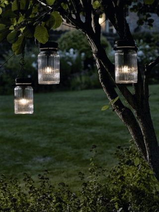LED garden lights in glass jars hanging from a tree in a garden