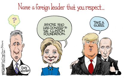 Political cartoon U.S. 2016 Gary Johnson Hillary Clinton Donald Trump Putin