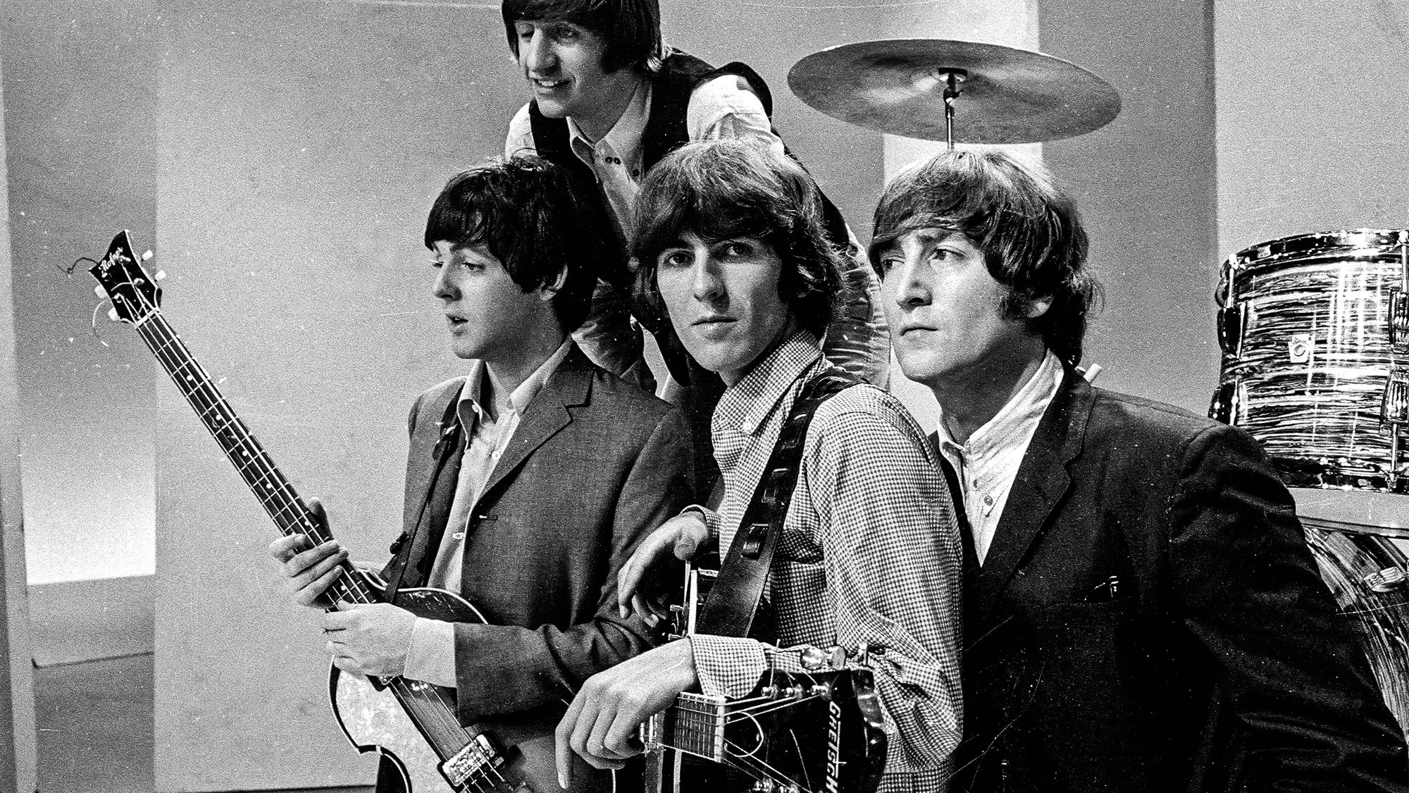 The Beatles, (left to right) Paul McCartney, Ringo Starr, George Harrison (1943 - 2001), and John Lennon (1940 - 1980), pose for a group portrait during a rehearsal for a taping of a segment to be aired September 12 on The Ed Sullivan Show, New York, August 14, 1965. 