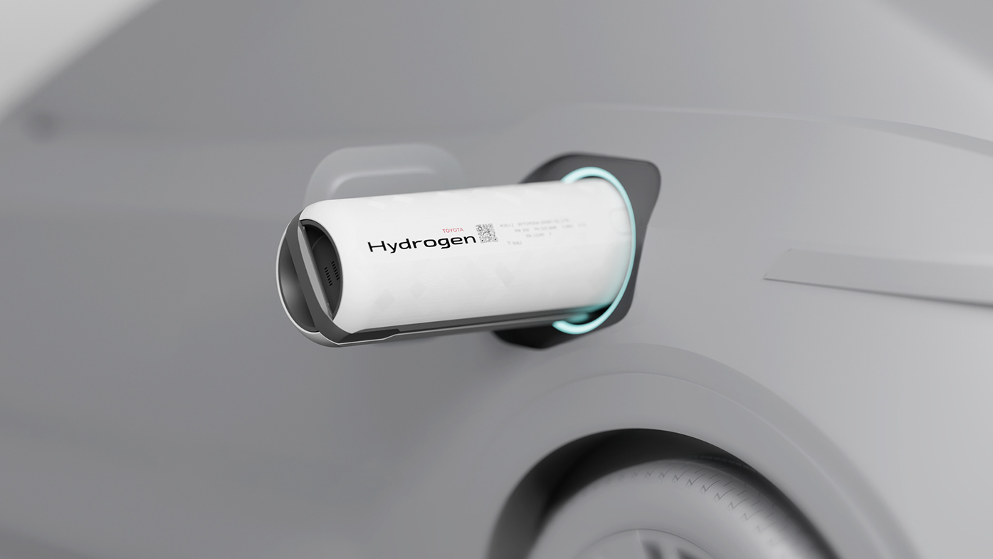 A hydrogen battery sticking out the side of a grey car