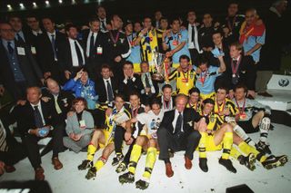 Sven-Goran Eriksson and his Lazio players celebrate victory over Mallorca in the 1999 UEFA Cup Winners' Cup final at Villa Park.