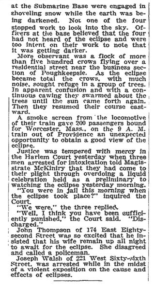 A snippet from the New York Times detailing the arrest of three men during the eclipse celebrations.