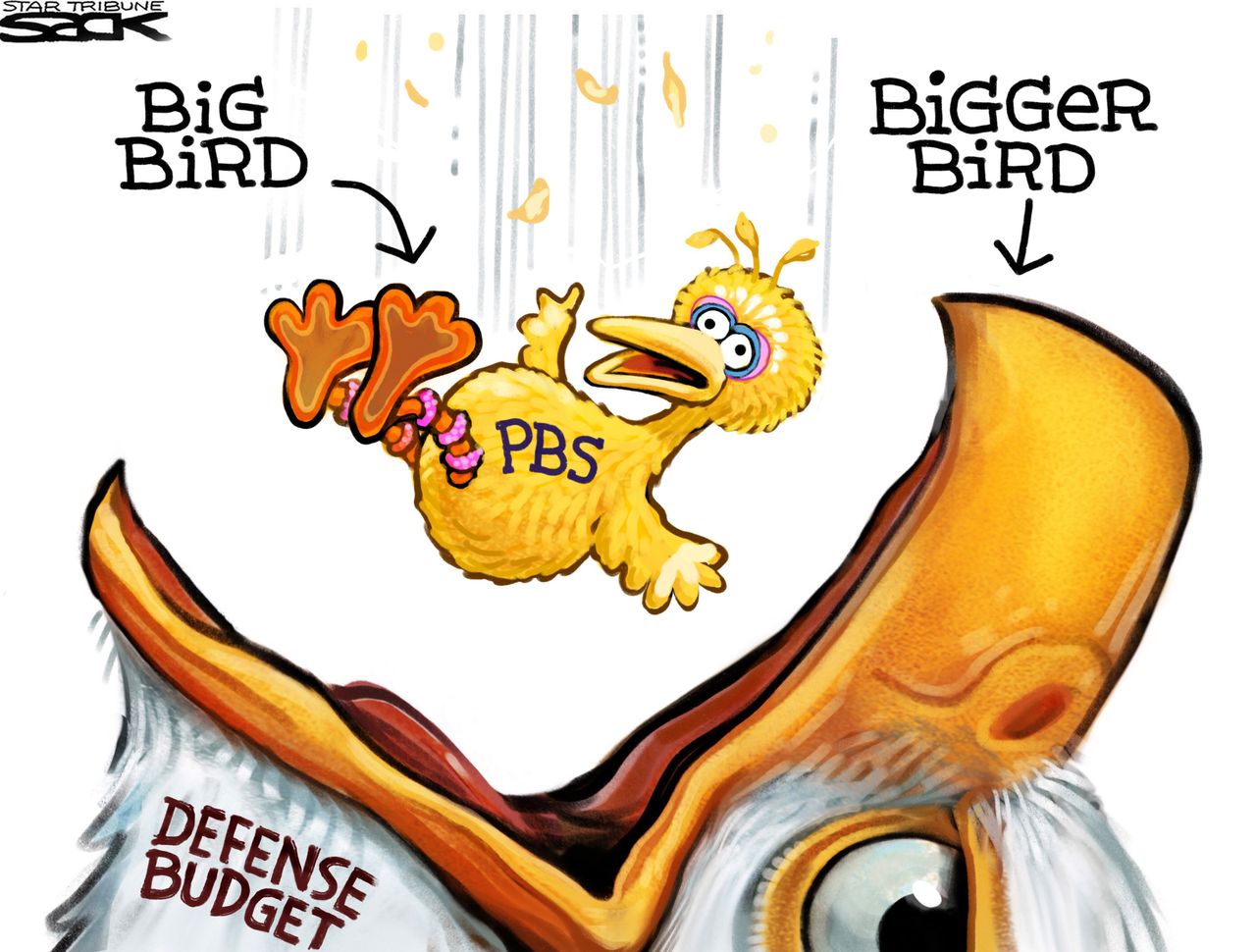 Political Cartoon U.S. Trump Budget cuts PBS Big Bird Sesame Street Defense budget