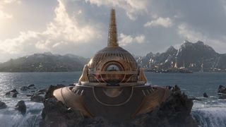 Whiskytree VFX; a domed golden building on a waterfall from Thor