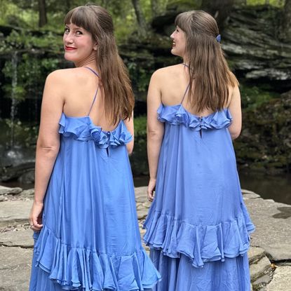 Halie LeSavage wearing a Delphine dress to a wedding