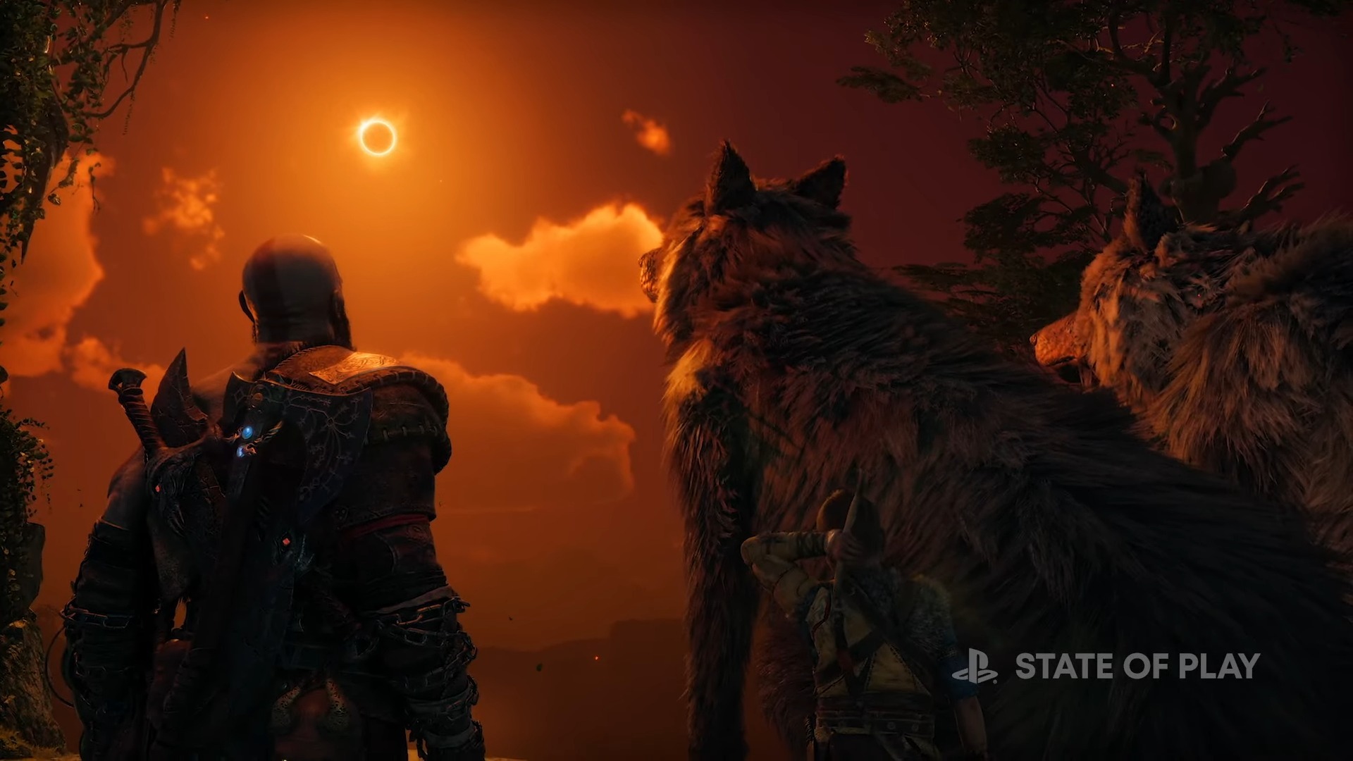 Kratos and Atreus look to a sun with two dire wolves in God of War Ragnarok