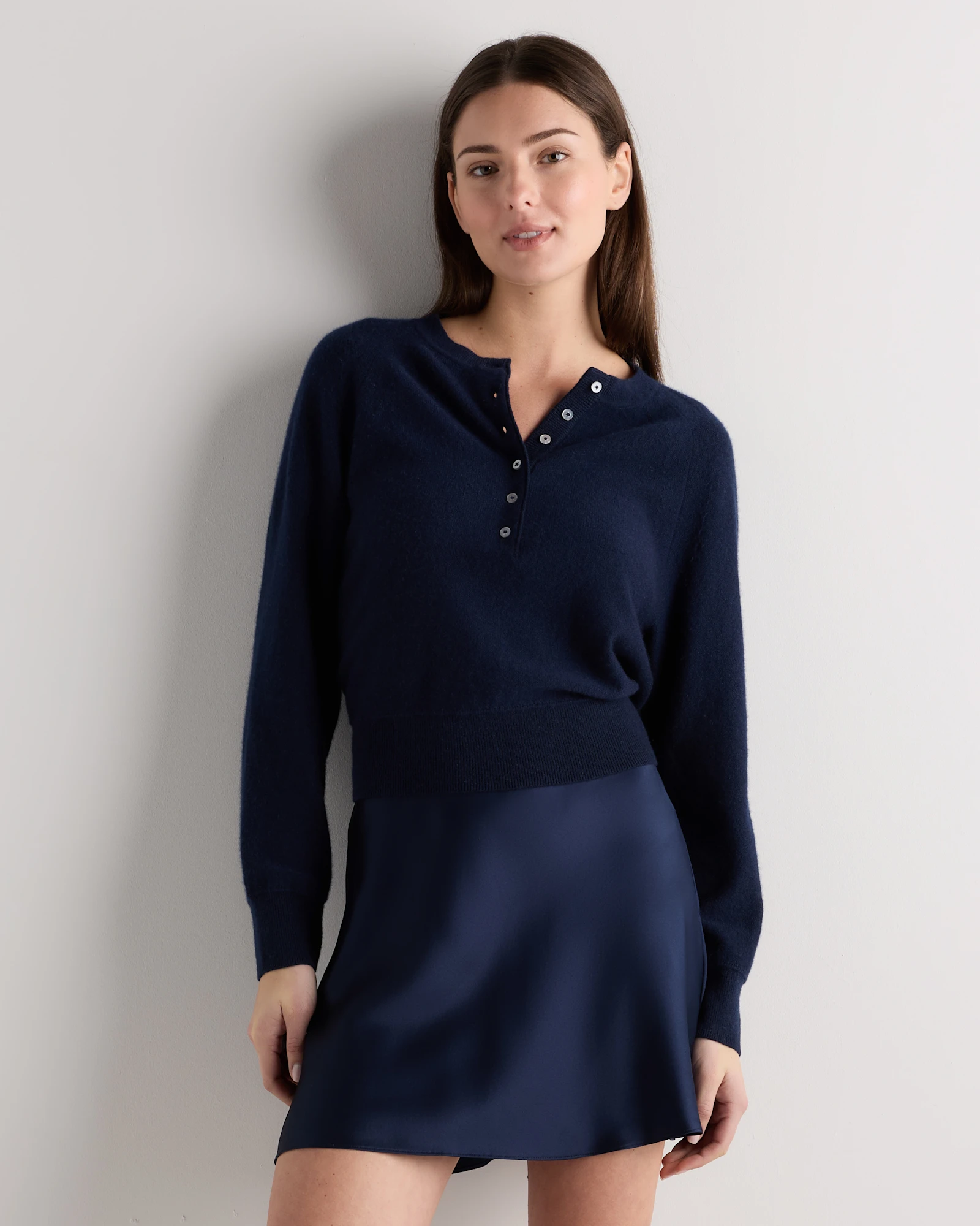 100% Mongolian Cashmere Dolman Sleeve Henley Sweater in True Navy