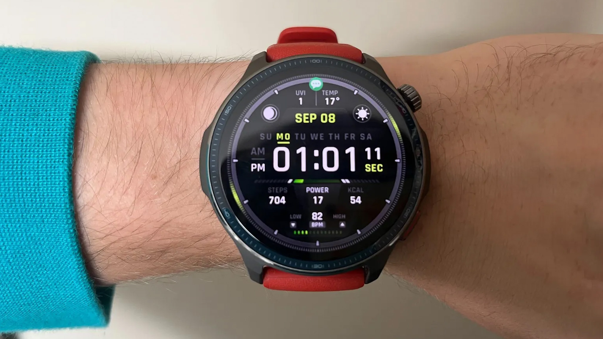 The Amazfit Balance 2 on users wrist showing screen details
