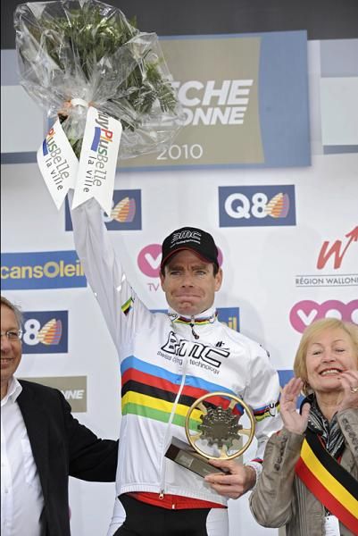 Cadel Evans (BMC) showed off his rainbow stripes from the podium.