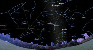 thin blue lines connect faint points in a starry night sky above a low horizon of short city trees and buildings. Just right of top center, a small moon hangs to the left of a bright point labeled Jupiter. On the left in the center, from the constellation Leo, A point labeled Leonids protrudes green lines in many directions.