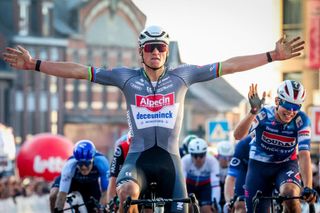 Alpecin-Deceuninck team Dutch Mathieu van der Poel celebrates as he crosses the finish line to win the Ename Samyn Classic, one day cycling race of 199,1 Km from Quaregnon to Dour, on March 4, 2025. (Photo by VIRGINIE LEFOUR / Belga / AFP) / Belgium OUT