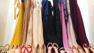 Pink, Footwear, Clothing, Room, Boutique, High heels, Fashion, Dress, Shoe, Textile,