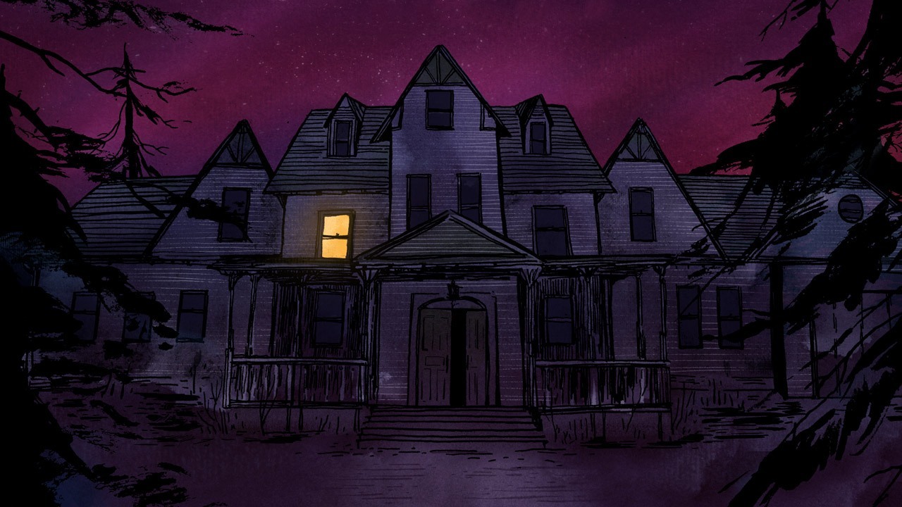 Ett mörkt hus i Gone Home, där det endast lyser i ett av fönstren.