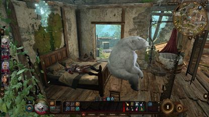 A druid using Wild Shape in Baldur's Gate 3 to sit on a bench as a bear, while their party member lies in bed behind them