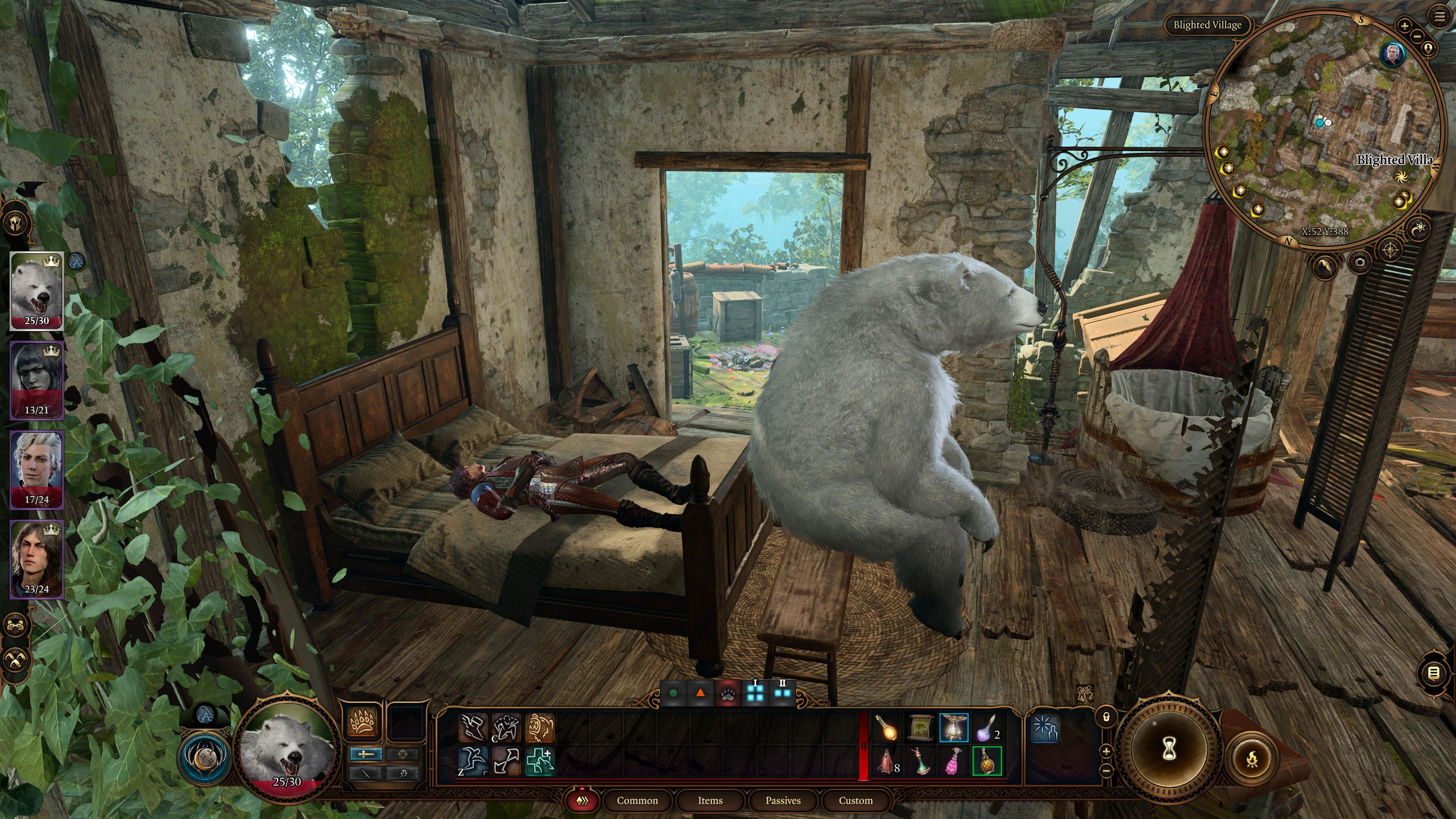 A druid using Wild Shape in Baldur&#039;s Gate 3 to sit on a bench as a bear, while their party member lies in bed behind them