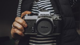 Close-up of a Nikon FE film camera