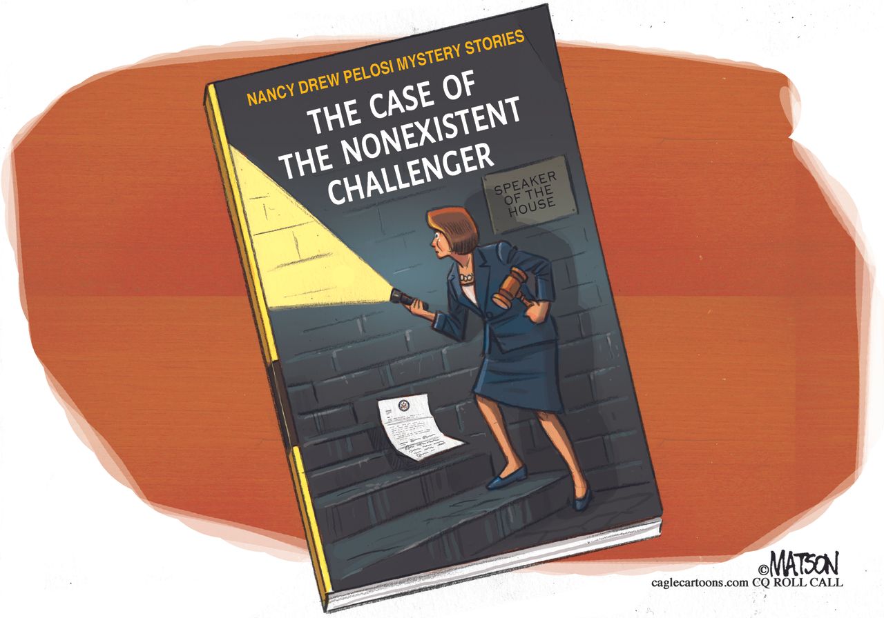 Political cartoon U.S. Nancy Pelosi nonexistent challenger speaker of the house Democrats Nancy Drew book