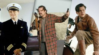 (From L to R) Leonardo DiCaprio as Frank Abagnale Jr. in Catch Me if You Can; DiCaprio as Jim Parker in One Battle After Another; DiCaprio as Howard Hughes in The Aviator