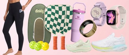Fitness products in collage on pink background