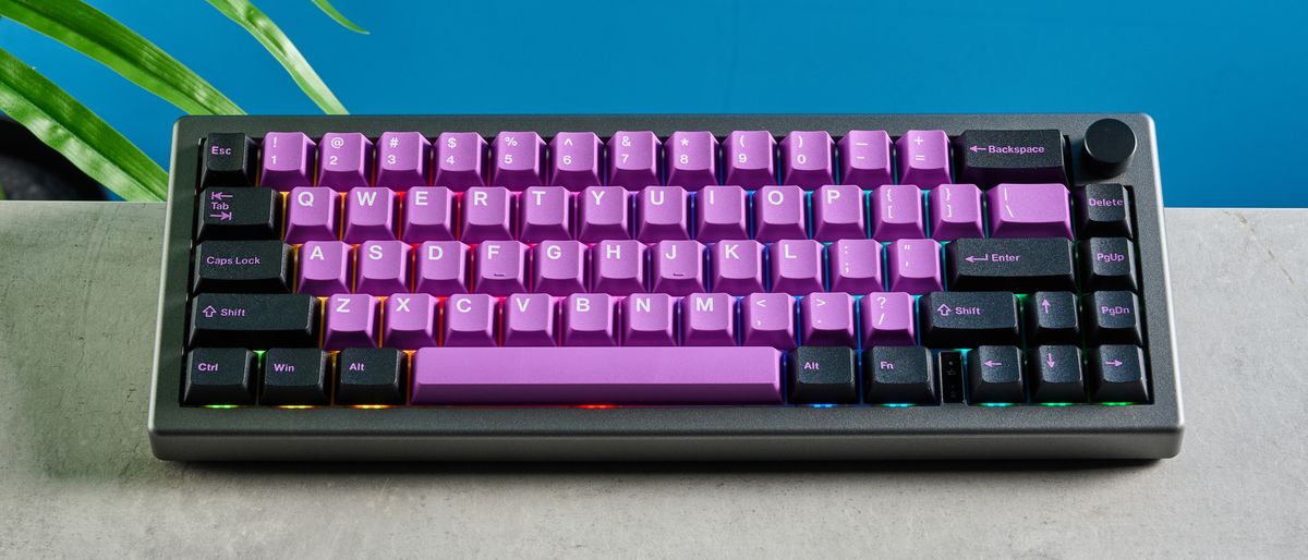 A black and purple Epomaker EK68 wireless mechanical keyboard