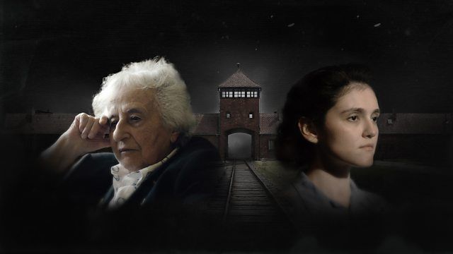 A photo of Anita Lasker-Wallfisch and a younger woman, placed on top of an image of the entrance to Auschwitz