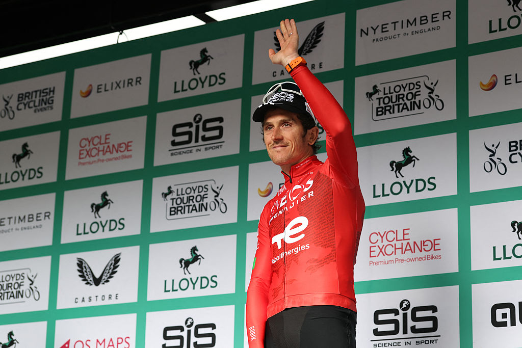 INEOS Grenadiers team&#039;s Welsh rider Geraint Thomas waves to the crowd on stage after the sixth stage of the Tour of Britain cycling race, in Cardiff on September 7, 2025, his final race. (Photo by Darren Staples / AFP)