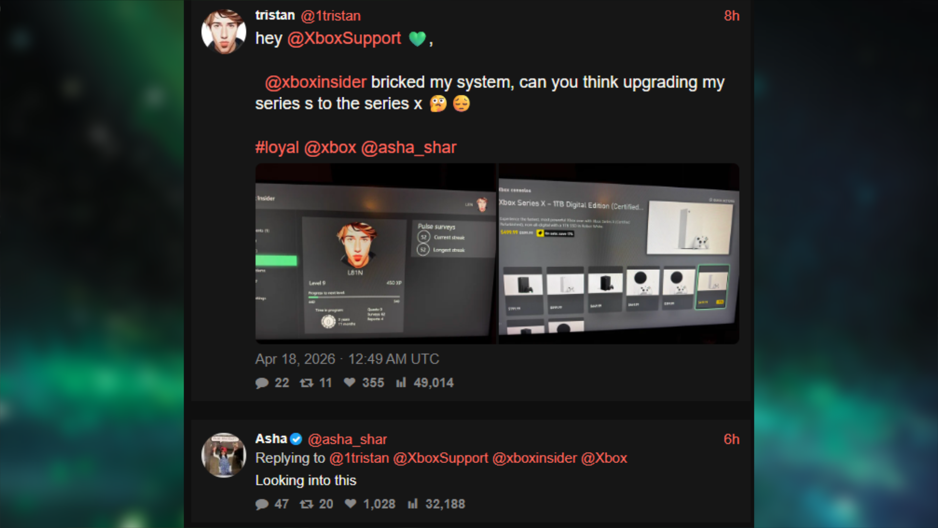 A Twitter conversation where a user, Tristan, asks Xbox Support to upgrade his Xbox Series S to Series X, indicating frustration. Asha Sharma replies, showing acknowledgment.