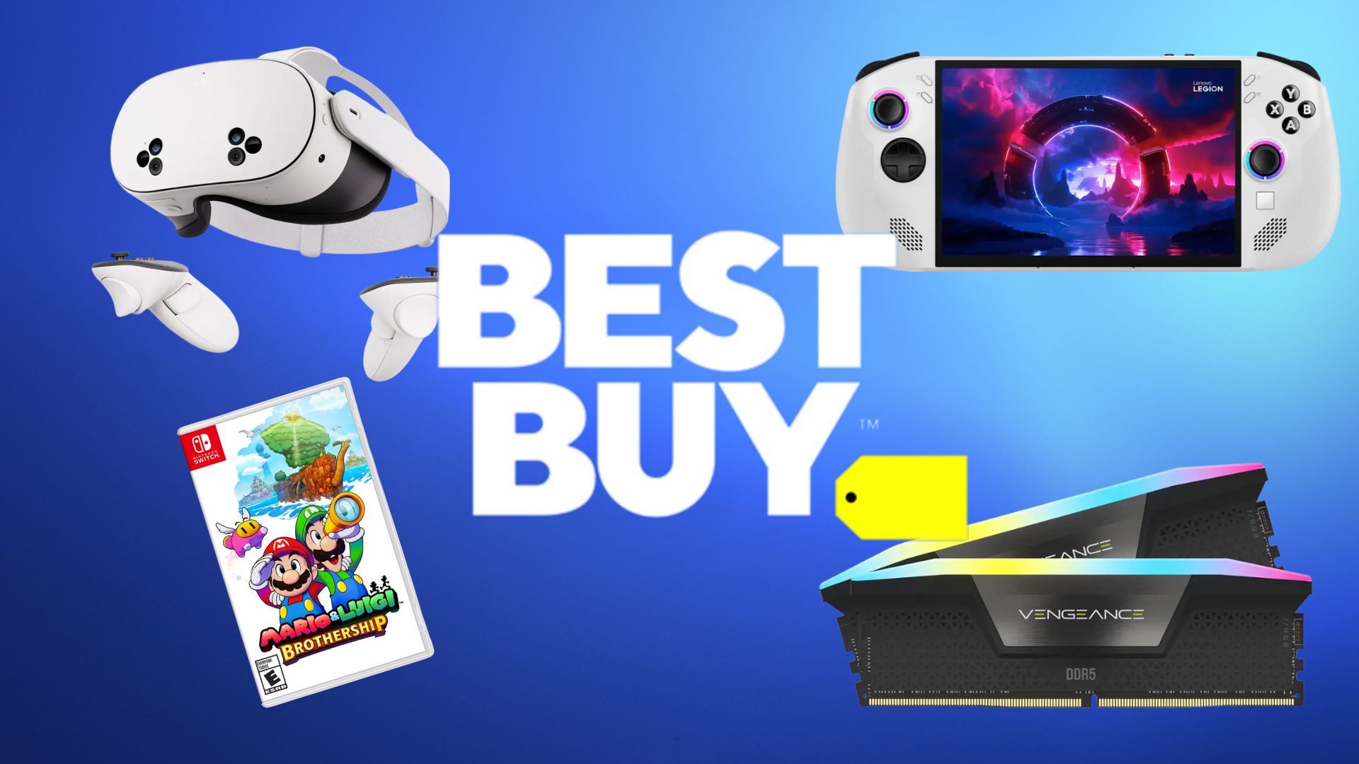 The best buy logo with various gaming products around it