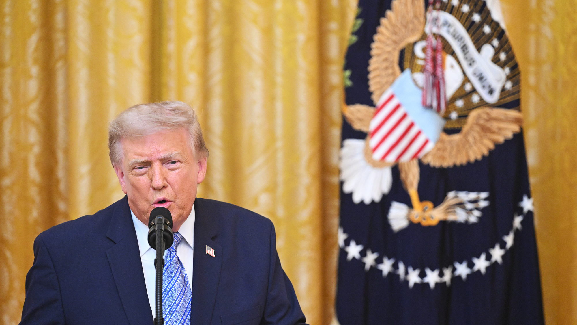 President Donald Trump speaks in the East Room of the White House