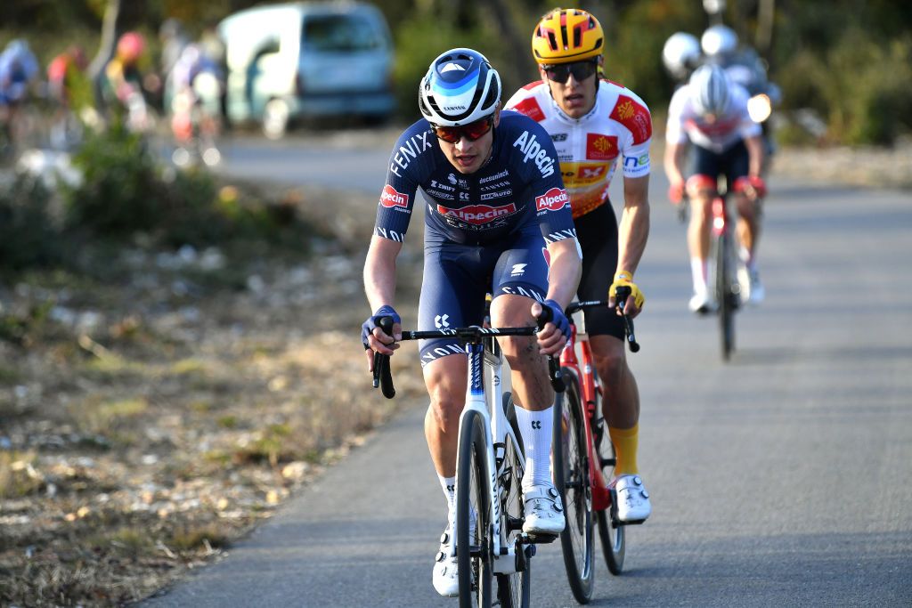 GARD FRANCE FEBRUARY 05 Jay Vine of Australia and Team AlpecinFenix competes in the breakaway ahead of Tobias Halland Johannessen of Norway and UNO X Pro Cycling Team White Best Young Rider Jersey during the 52nd toile De Bessges Tour Du Gard 2022 Stage 4 a 145km stage from Saint Hilaire de Brethmas to Mont Bouqueton 617m EDB2022 February 05 2022 in Gard France Photo by Luc ClaessenGetty Images