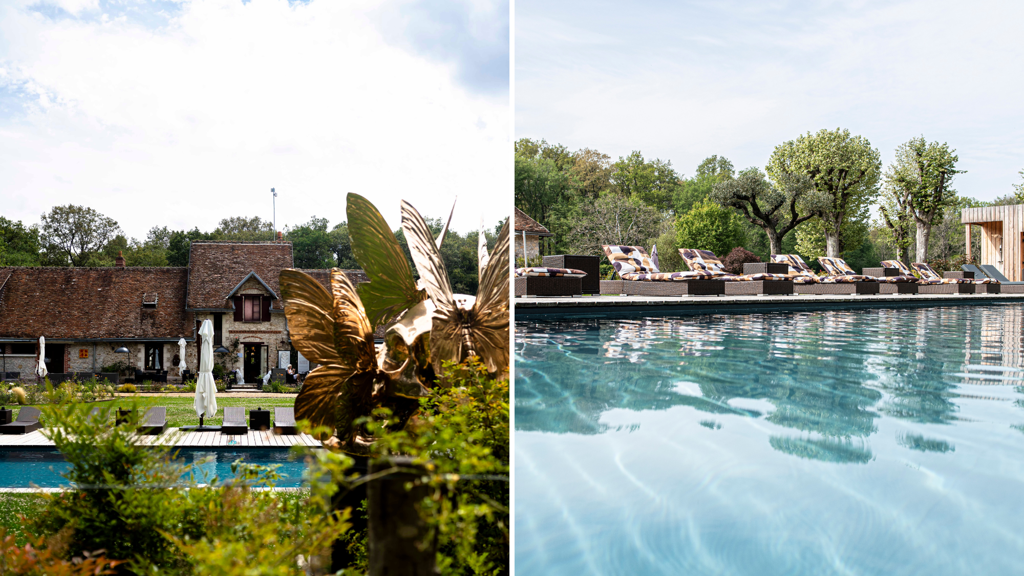 A composite image: left shows the pool and main lodge at Loire Valley Lodges, the right shows a close up of the pool and loungers