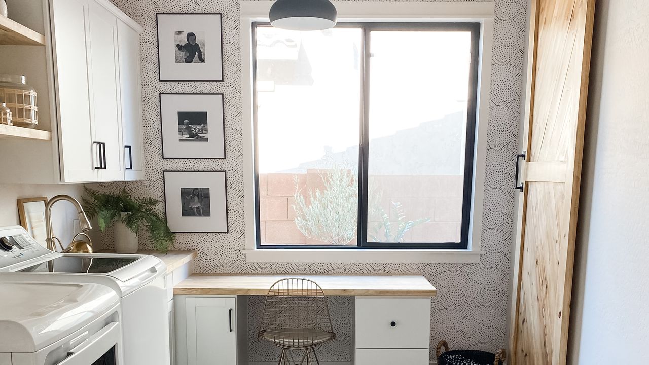 A kitchen with monochrome white and black wallpaper wallcovering, hexagonal floor tile decor exotic area rug