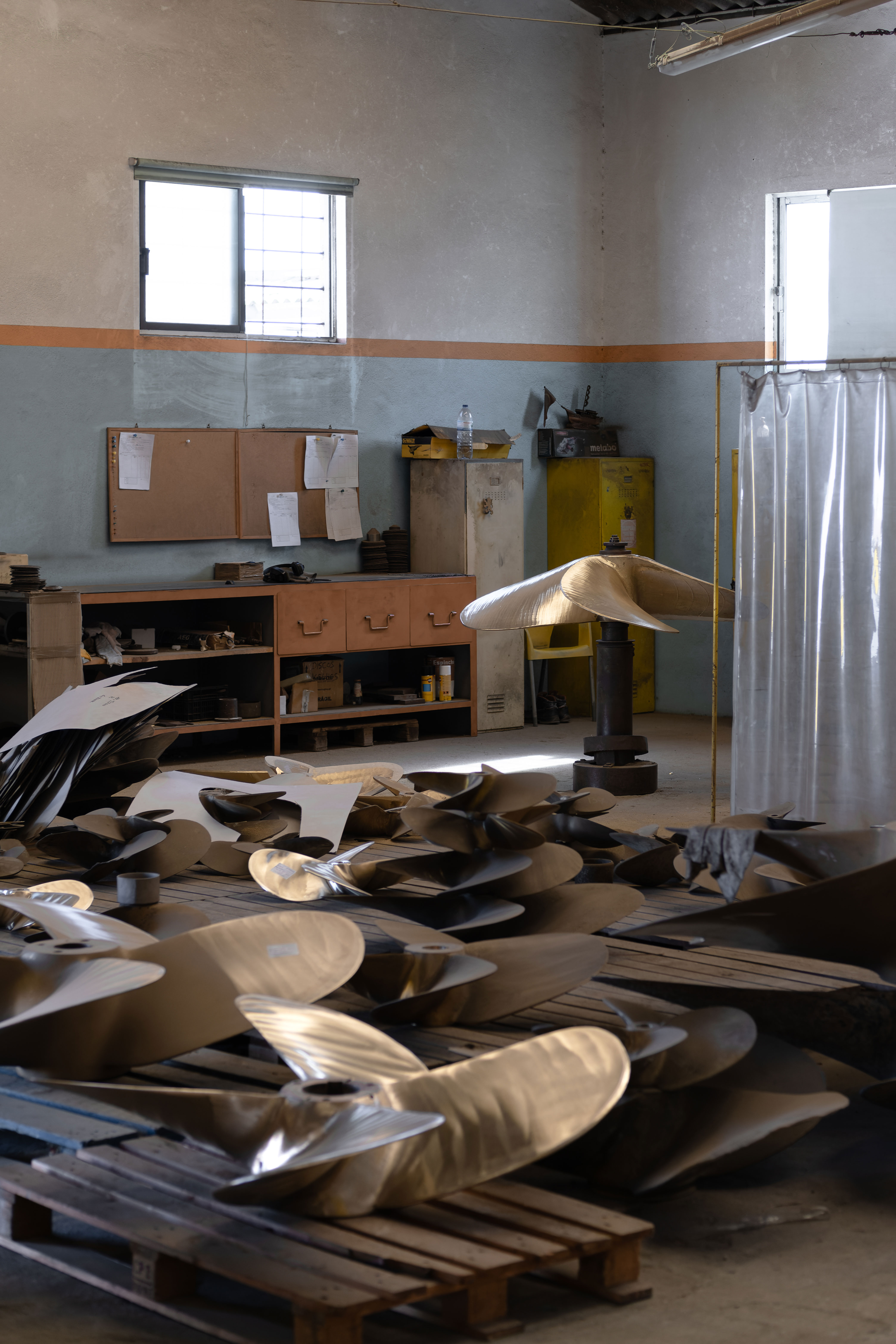 Foundry interior with propeller models